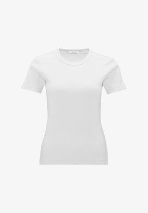 White ribbed t-shirt with short sleeves, a round neckline, and a fitted shape. Material appears soft with a smooth texture.
