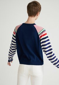 Donkerblauwe gebreide trui met gestreepte mouwen in wit, donkerblauw en kleurrijke tinten, voorzien van geribbelde manchetten en zoom.