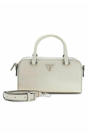 Cream-colored Guess handbag with double handles, detachable shoulder strap, and triangular logo plaque on front.