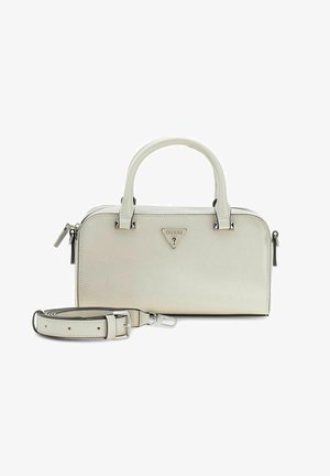 Borsa Guess color crema con doppi manici, tracolla staccabile e placca triangolare con logo sul davanti.