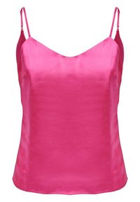 Camisole en satin rose avec de fines bretelles spaghetti ajustables, décolleté en V et une texture lisse et brillante. Ourlet droit en bas.