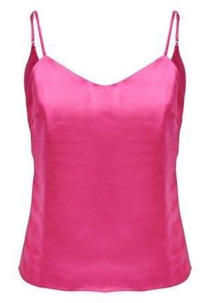 Camisole en satin rose avec de fines bretelles spaghetti ajustables, décolleté en V et une texture lisse et brillante. Ourlet droit en bas.