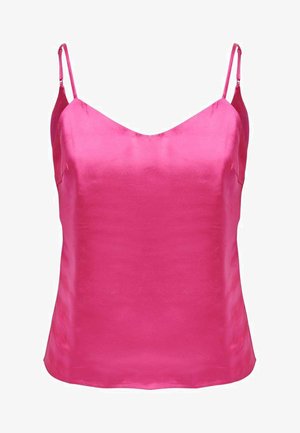 Camisole en satin rose avec de fines bretelles spaghetti ajustables, décolleté en V et une texture lisse et brillante. Ourlet droit en bas.