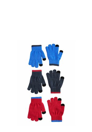 Ensemble de six gants : deux bleus avec des bouts noirs, deux rouges avec des extrémités bleues, et deux gris foncé avec des accents rouges, tous en tissu tricoté.