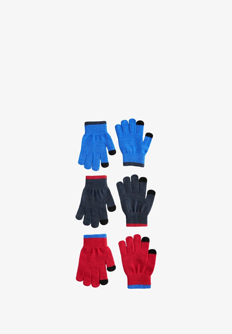 Zes touchscreen handschoenen in blauw, donkergrijs en rood, elk paar met zwarte uiteinden op duim, wijs- en middelvinger.
