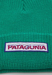 Bonnet en tricot vert avec un patch logo Patagonia blanc et violet, caractérisé par un motif texturé et une conception à bords roulés.