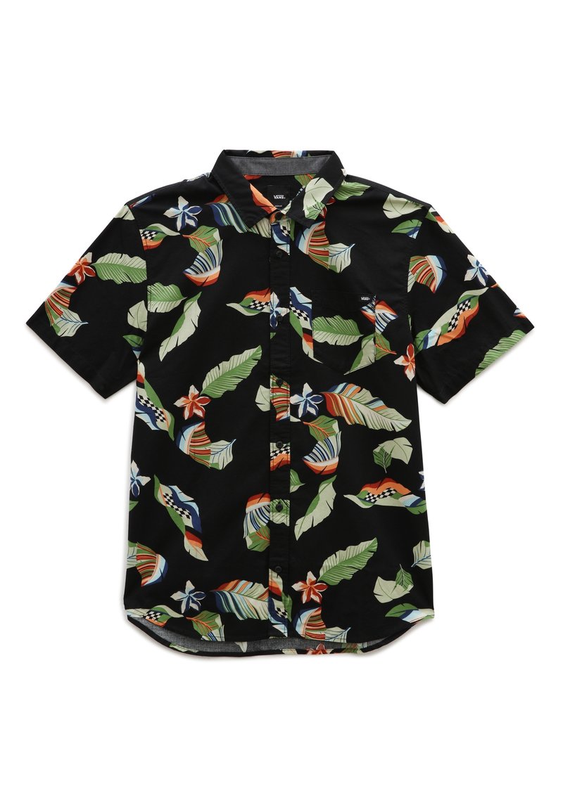 Camicetta a maniche corte con bottoni di colore nero, caratterizzata da un vivace motivo tropicale di foglie e fiori, con vari colori e una tasca sul petto.