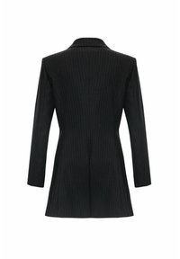 Blazer noir à rayures fines, manches longues, taille cintrée et col cranté, vu de dos sur fond blanc.