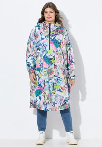 Felgekleurde, met een capuchon uitgeruste windjack met een mix van patronen in roze, blauw en groen. Losse pasvorm, met een halve rits.