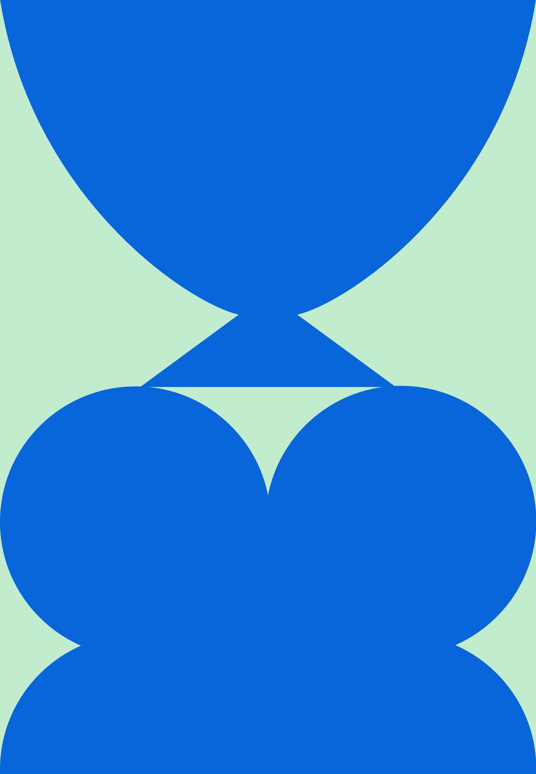 Blaues abstraktes Design mit geometrischen Formen: ein großer oberer Bogen, ein zentrales Dreieck und zwei überlappende Kreise am unteren Rand, vor einem hellgrünen Hintergrund.