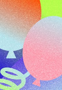 Χρωματιστά, γυαλιστερά μπαλόνια σε μπλε, ροζ και πορτοκαλί σε υφασμάτινο φόντο με πράσινους, μπλε και μωβ σπείρες και γεωμετρικά σχήματα.