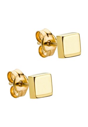Goldene quadratische Steckerohrringe mit einem schlanken Design, das eine glatte Oberfläche und eine polierte Textur aufweist, gesichert mit Schmetterlingsverschlüssen.
