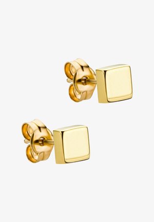 Zlaté štvorrúrkové náušnice s elegantným dizajnom, s hladkým povrchom a lesklou textúrou, zabezpečené motýlikovými uzávermi.