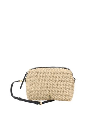 Beige gewobene Strohtasche mit einem schwarzen Reißverschluss, ausgestattet mit einem langen verstellbaren Tragegurt und goldfarbenen Hardware-Akzenten.