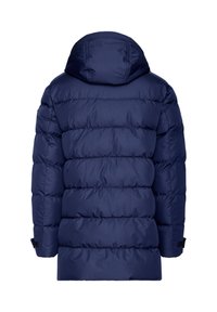 Marineblaue Steppjacke mit horizontalen Steppnähten, einer Kapuze und elastischen Bündchen. Glatte Textur und leichtes Design.