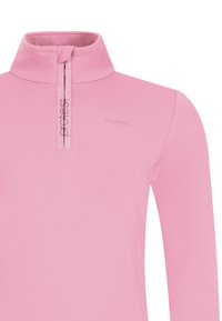 Šviesiai rožinė megzta palaidinė su aukšta apykakle, ketvirčio ilgio užtrauktuku ir subtiliu logotipu ant krūtinės. Lygus, elastingas audinys, užtikrinantis komfortą ir judėjimo laisvę.