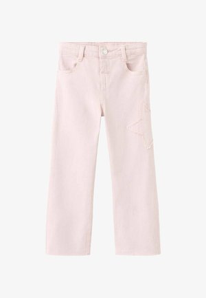 Pantalon en denim rose clair avec un motif d'étoile brodé sur la jambe gauche, style cinq poches, et fermeture avant par bouton.