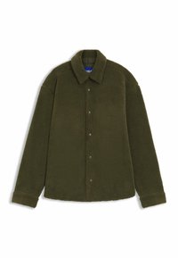 Olivgrüne Fleecejacke mit Kragen, Knopfverschluss und langen Ärmeln. Weicher Stoff und lockere Passform. Minimalistisches Design.