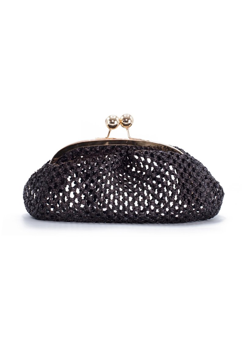 Pochette intrecciata nera con una superficie testurizzata, forma arrotondata e chiusura in metallo dorato con due palline decorative sulla parte superiore.