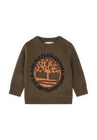 Maglione verde oliva lavorato a maglia con scollo rotondo e bottoni su una spalla. Presenta un design di un albero in arancione e testo nero attorno ad esso.