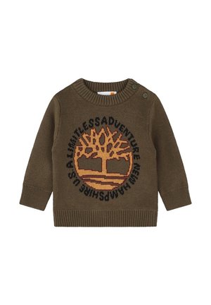 Pull en tricot vert olive avec un col rond et des boutons sur une épaule. Présente un motif d'arbre en orange et du texte noir autour.