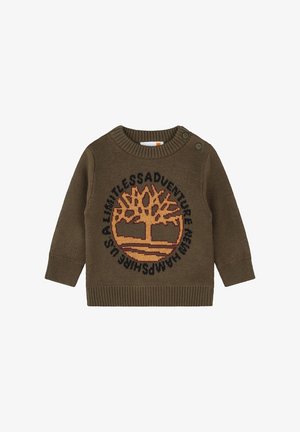 Maglione verde oliva lavorato a maglia con scollo rotondo e bottoni su una spalla. Presenta un design di un albero in arancione e testo nero attorno ad esso.