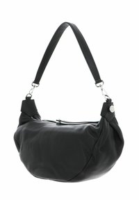 Sac à épaule en cuir noir avec une forme douce et arrondie, doté d'une fermeture éclair et d'accents en métal argenté sur les supports de la sangle.