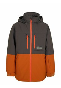 Farbblockierte Jacke mit einem dunkelgrauen oberen Bereich und einem orangefarbenen unteren Bereich. Sie verfügt über einen Reißverschluss vorne, zwei Brusttaschen und eine Kapuze. Glatte Textur.