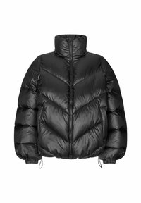 Sort puffjakke med høj krave, chevron-quiltet mønster, lynlås foran og elastiske manchetter. Glat, glansfuld overflade. Holdbart stof.
