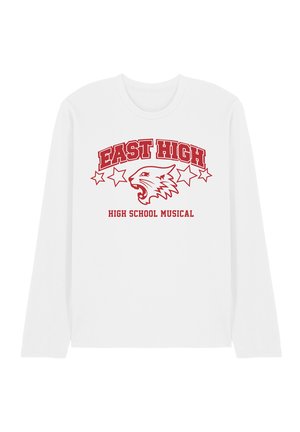White long-sleeve shirt with red text "East High," five stars, a roaring wildcat, and "High School Musical" below the graphic.