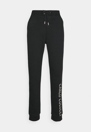 Black sweatpants in a soft fabric, featuring an adjustable drawstring waist and "CARLO COLUCCI" printed in silver on the left leg.