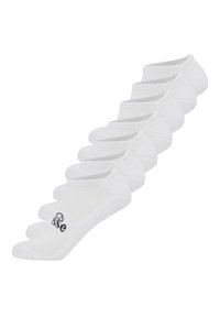 Calcetines tobilleros blancos hechos de tejido texturizado, con un logo negro en un lado. Siete pares exhibidos en fila.