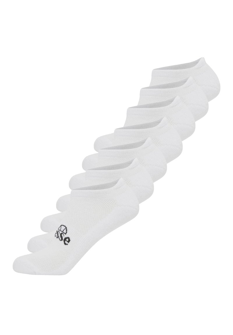 Calcetines tobilleros blancos hechos de tejido texturizado, con un logo negro en un lado. Siete pares exhibidos en fila.