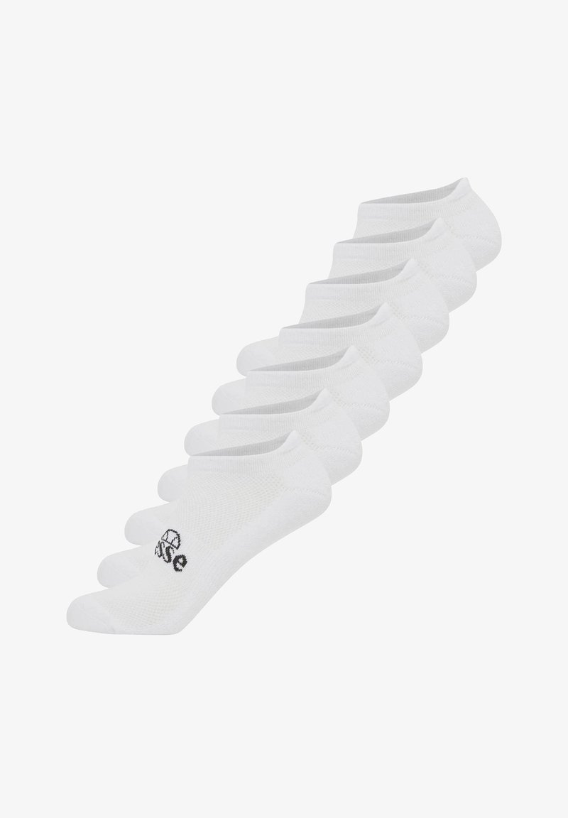 Calcetines tobilleros blancos hechos de tejido texturizado, con un logo negro en un lado. Siete pares exhibidos en fila.