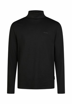 Zwart langarm turtleneck shirt van zachte stof, met een aansluitend ontwerp en een klein logo in de bovenlinkerhoek.