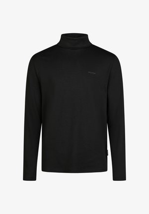 Schwarzes Langarm-Turtleneck-Shirt aus weichem Stoff, mit einer taillierten Passform und einem kleinen Logo in der oberen linken Ecke.