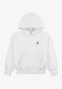 Felpa bianca con cappuccio realizzata in cotone. Presenta una tasca a marsupio frontale, polsini a coste e un logo nero sul petto. Design semplice.