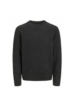 Mørkegrå ribbede sweater med lange ærmer og rund halsudskæring, lavet af tekstureret strikmateriale. Enkel og klassisk design.