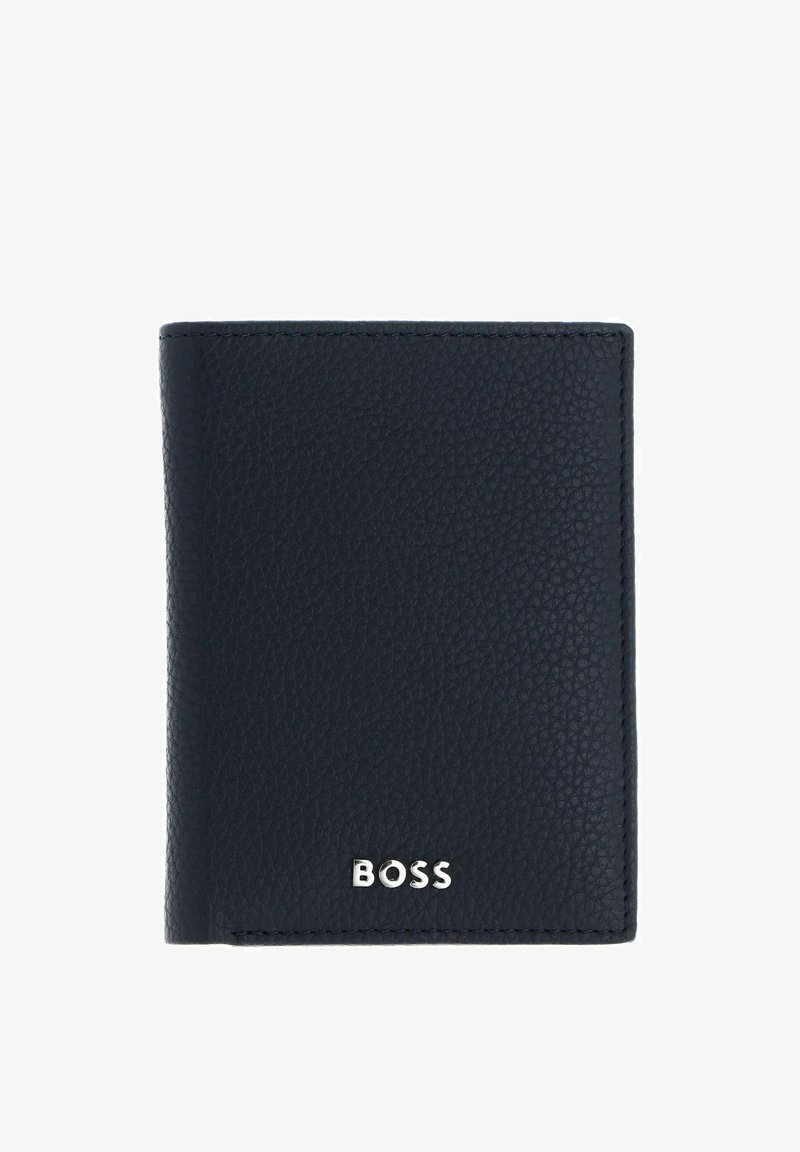 Portefeuille bifold en cuir texturé noir avec le logo argenté "BOSS" sur le devant, présenté fermé sur fond blanc.
