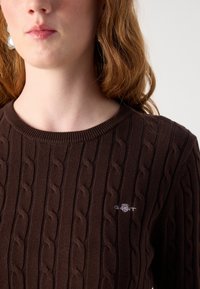 Pull en laine marron à mailles torsadées avec un col côtelé et un logo brodé sur la poitrine. Le tissu semble doux avec des motifs texturés.