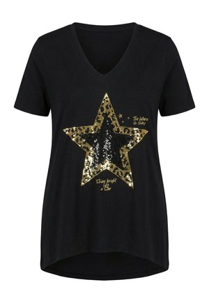 Zwart V-hals T-shirt met een grote gouden en zwarte paillettenster en gouden tekst met de woorden "De toekomst is glanzend" en "Schijn fel als een ster".