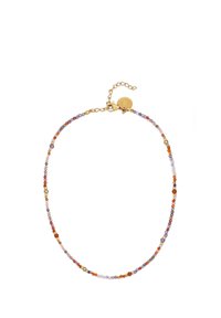 Collana di perline con gemme multicolori, dettagli in metallo oro e una chiusura regolabile con un piccolo ciondolo.