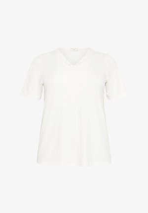 T-shirt blanc à manches courtes en V, fabriqué en tissu texturé, avec une bordure en dentelle autour de l'encolure et une coupe ample et confortable.