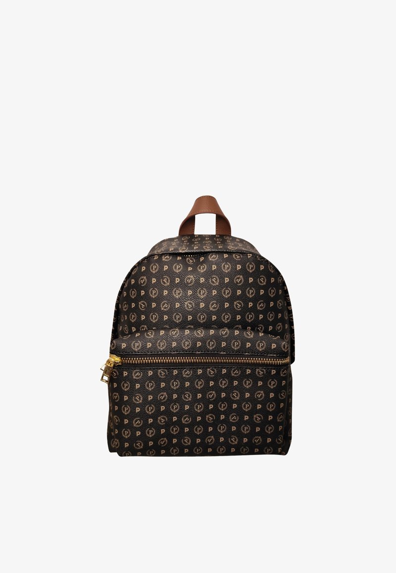 Zaino nera a motivo con una zip dorata, dotato di un manico superiore in pelle marrone e un design di logo distintivo su tutta la superficie.