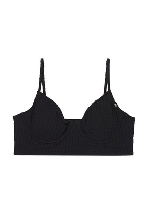 Soutien-gorge noir texturé avec armatures, bretelles fines réglables et un petit logo sur le bonnet droit, présenté sur un fond blanc.
