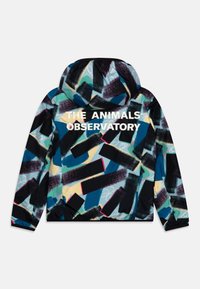 Hooded jacket in a vibrant abstract pattern featuring blue, black, and pink accents. "THE ANIMALS OBSERVATORY" logo prominently displayed.