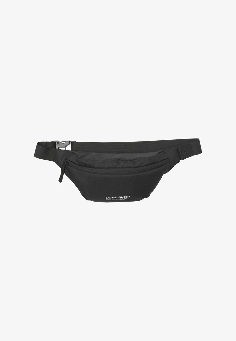 Sort nylon bæltetaske med en buet form, justerbar rem, frontlomme med lynlås og hvid logo tekst på den nedre front.