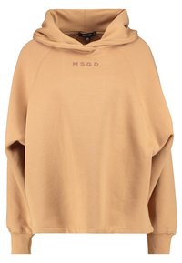 Beige mikina s kapucí, dlouhými rukávy, žebrovanými manžetami a s vyšitým nápisem "MSGD" v malých písmenech přes hrudník.