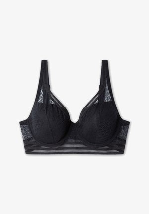 Sujetador negro con detalles de encaje, varillas y tirantes ajustables. Presenta un panel de malla en la parte superior y una textura suave en todo su diseño.