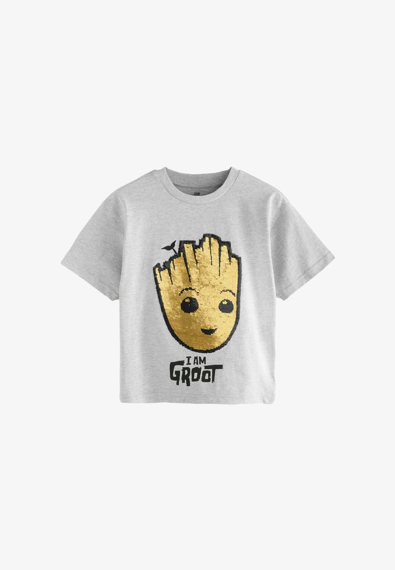 Grijze korte mouwen t-shirt met een gouden sequin Groot gezicht ontwerp met zwarte omtrekken en de tekst "I AM GROOT" in vetgedrukte zwarte letters.
